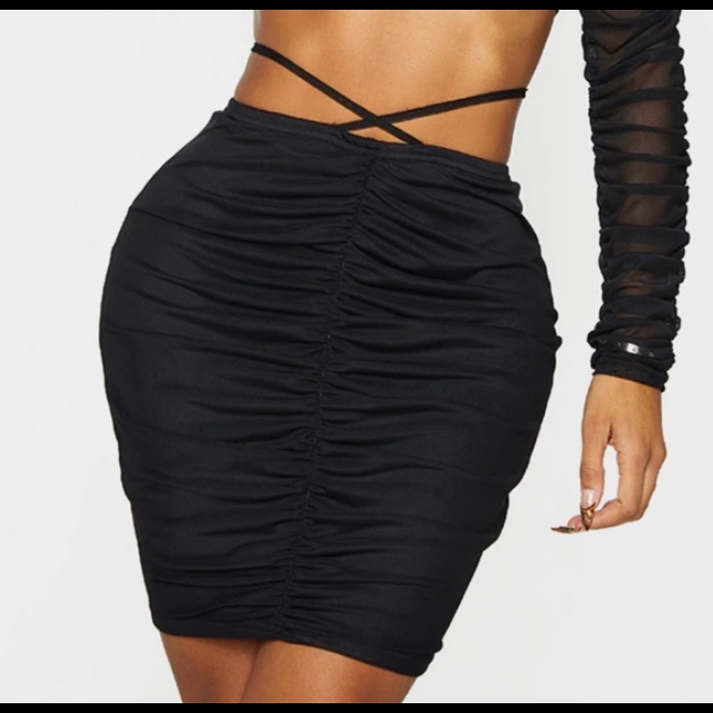 Mesh Ruched Tie Detail Bodycon Skirt